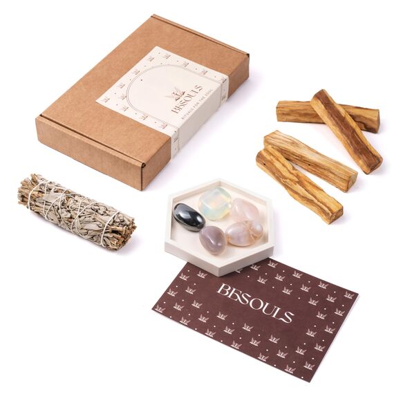 BESOULS Premium Räucherset hausreinigung Neue Anfänge: 4-6 Palo Santo Räucherholz 1 Weißer Salbei zum Räuchern 5 Steine Neubeginn Handgefertigtes Tablett QR mit digitalem Inhalt (Neue Anfänge)