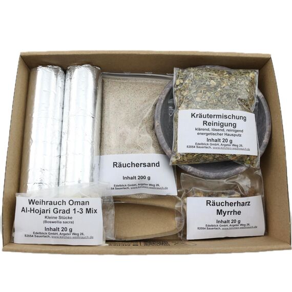 Räucherset „Hausreinigung“ – 9 TLG. – Kräuter-Mischung Reinigung m. Weihrauch Oman Al-Hojari u. Myrrhe - Räucherschale u. Zubehör – Geschenkkarton mit Klarsichtdeckel (Natur Speckstein-Schale)