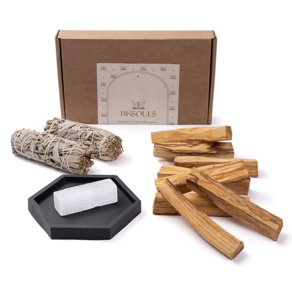 BESOULS Premium Räucherset Hausreinigung: 2 Weißer Salbei zum Räuchern 8 Palo Santo Räucherholz aus Peru 1 Selenit Einzigartiges Tablett spirituelle Geschenke Salbei räuchern räucherbündel