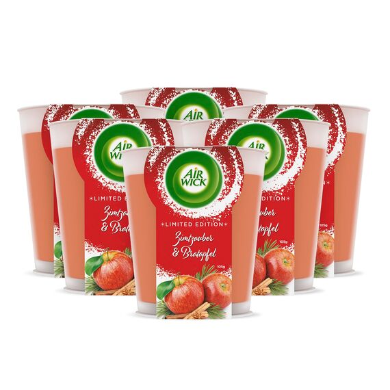 Air Wick Wohlfühl-Duftkerze im Glas – Duft: Zimtzauber und Bratapfel – Je bis zu 20 Stunden Brenndauer – Enthält natürliche ätherische Öle – 6 x 105 g Duftkerze