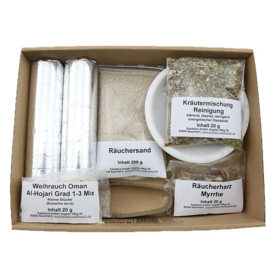 Räucherset „Hausreinigung“ – 9 TLG. – Kräuter-Mischung Reinigung m. Weihrauch Oman Al-Hojari u. Myrrhe - Räucherschale u. Zubehör – Geschenkkarton mit Klarsichtdeckel (Weiße Speckstein-Schale)