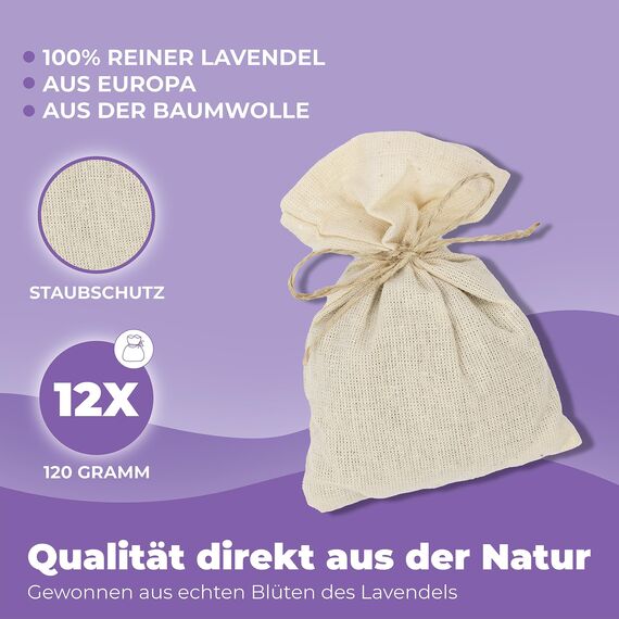 Lalavanda - 12 Lavendelsäckchen aus Baumwolle, 120g Lavendelblüten, Effektiver Mottenschutz für Kleiderschränke mit lang anhaltender Frische und Staubschutz