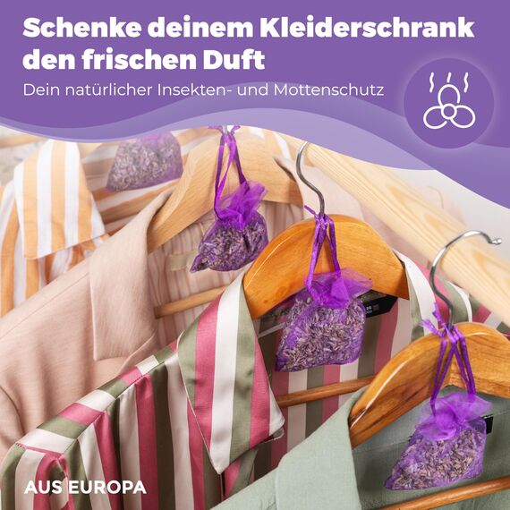 Lalavanda - 20 Lavendelsäckchen, 120g Lavendelblüten, Effektiver Mottenschutz für Kleiderschränke mit lang anhaltender Frische