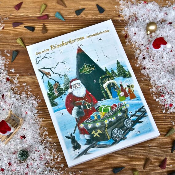 Crottendorfer Adventskalender - 24 Düfte - Hochformat (21x30cm) - Crottendorfer Räucherkerzen für Weihnachten - Räuchermännchen Zubehör - Mit Weihrauch, Myrrhe, Zimt, Vanille, Tanne - Made in Germany