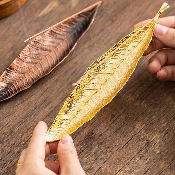 LLMtn 3-teiliges Set, bestehend aus 2 blattförmigen Räuchergefäßen aus Metall und 1 Aschebürste (Kupfer x1 Gold x1)