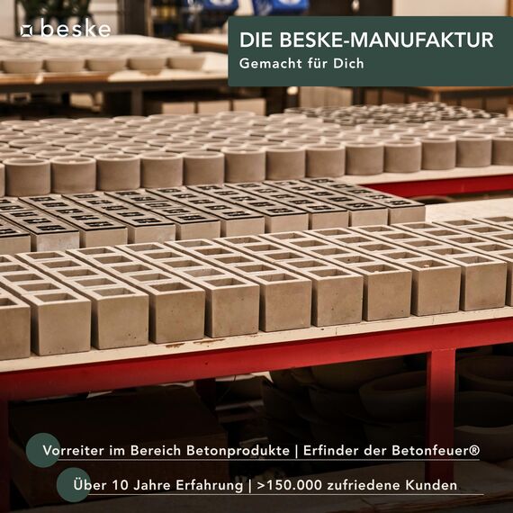 Betonfeuer® - DAS ORIGINAL | Modell 'Fuego' | 17x17x17cm mit Dauerdocht | Premium Kerzenfresser Made in Germany | Deutsche Handarbeit | (Inkl. Nachfüllwachs, Löschbrett aus Holz)