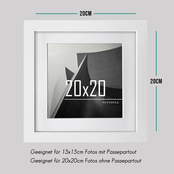 VUVUZULA Bilderrahmen 20x20cm Weiß Quadratisch Holz Fotorahmen Holzrahmen MDF Rahmen mit Passepartout 15x15cm 3er Set