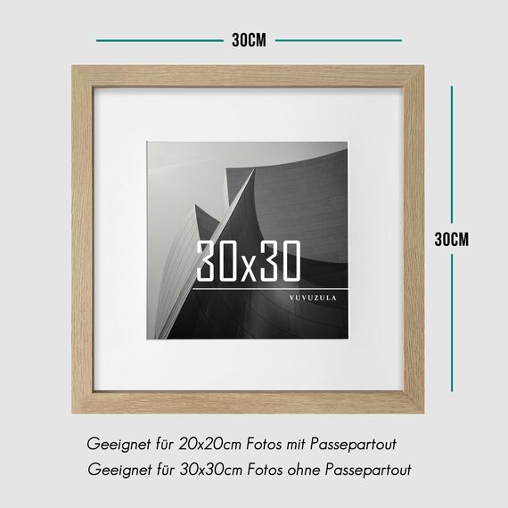 VUVUZULA Bilderrahmen 30x30cm Holz Quadratisch Fotorahmen Holzrahmen MDF Rahmen mit Passepartout 20x20cm Natur 3er Set