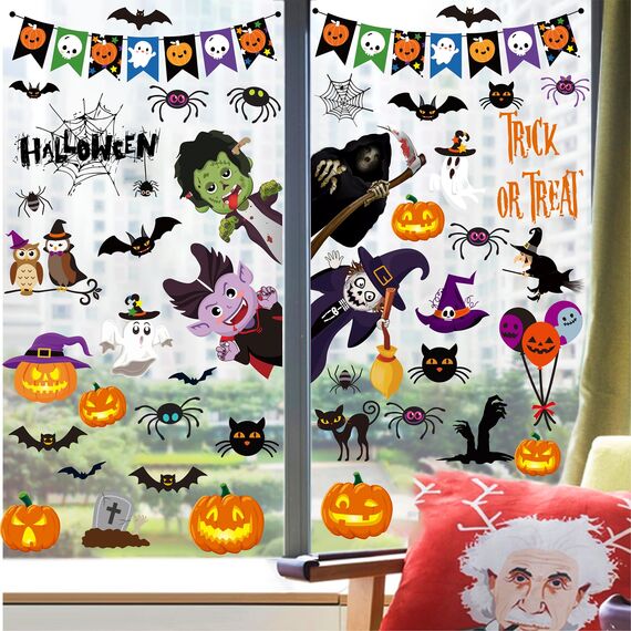 Moxled Halloween Deko Fensteraufkleber, Kürbis Spinnennetz Fledermaus Fensterbilder, 9 Blätte Halloween Fenster Tür Aufkleber, 55Pcs Geister Vampir Hexe Wandaufkleber für Kinderzimmer Party