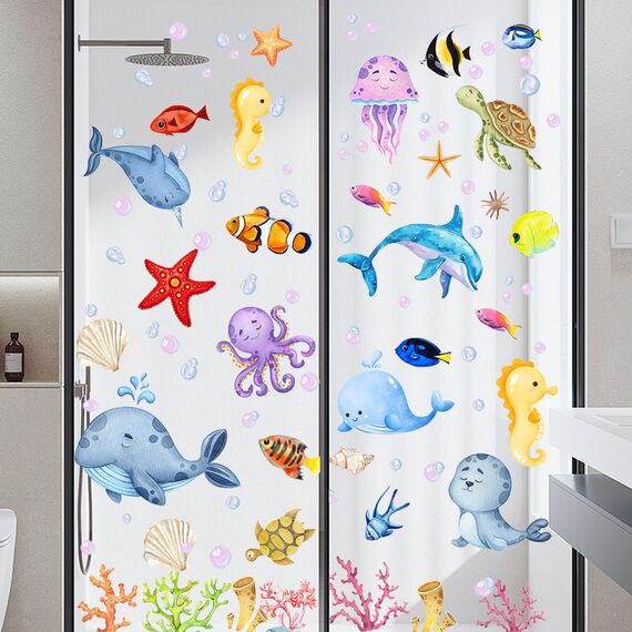 Moxled 9 Blatt Fensterbilder Kinderzimmer Selbstklebend - Meerestiere Wandtattoo Badezimmer Fenstersticker Wiederverwendbare Unterwasserwelt Fensteraufkleber für Kinderzimmer Badezimmer Deko