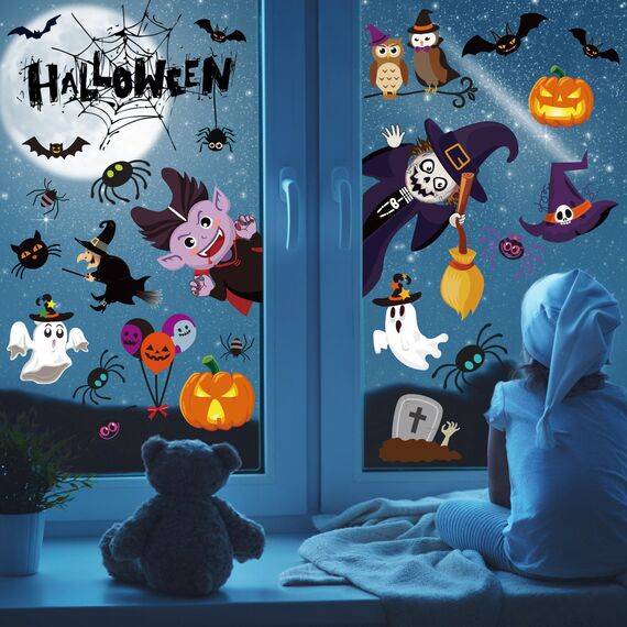 Moxled Halloween Deko Fensteraufkleber, Kürbis Spinnennetz Fledermaus Fensterbilder, 9 Blätte Halloween Fenster Tür Aufkleber, 55Pcs Geister Vampir Hexe Wandaufkleber für Kinderzimmer Party