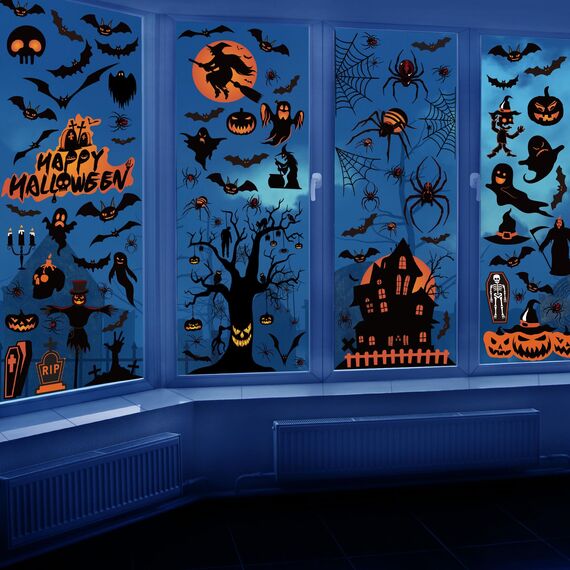 Moxled Halloween Deko Horror, Kürbis Spinnennetz Fledermaus Fensterbilder, 11 Blätte Halloween Fensteraufkleber, 98Pcs Skelett Geister Spukhaus Wandaufkleber für Kinderzimmer Halloween Party