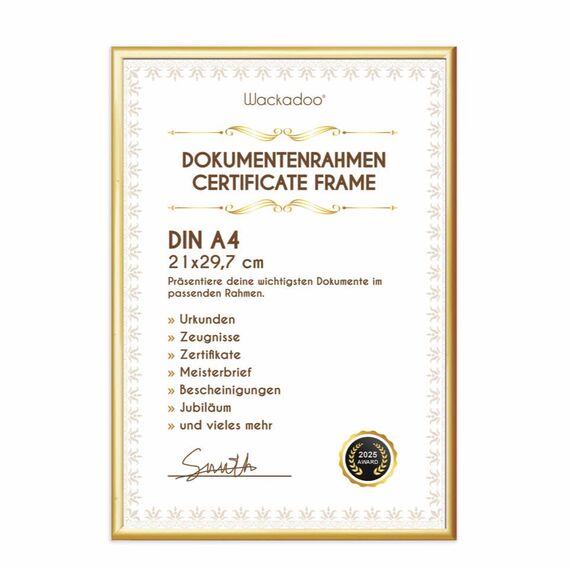 Wackadoo Bilderrahmen A4 21x29,7 (DIN A4) gold Fotowand Dokumentenrahmen Fotorahmen aus leichtem Kunststoff mit Glas Picture frame Poster