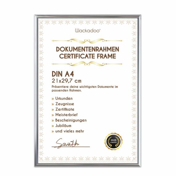Wackadoo Bilderrahmen A4 21x29,7 (DIN A4) Silber Dokumentenrahmen Fotowand Fotorahmen aus leichtem Kunststoff mit Glas Picture frame Poster