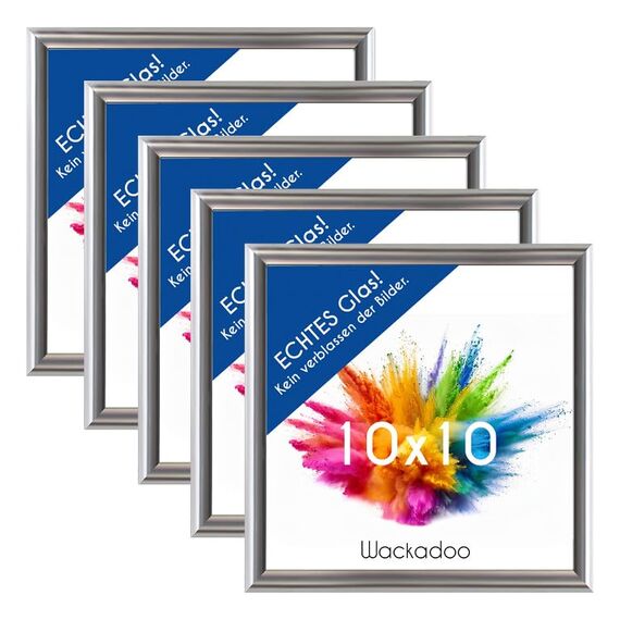 Wackadoo Bilderrahmen 10x10 Silber 5er Set Fotowand Fotorahmen aus leichtem Kunststoff mit Glas Picture frame quadratisch klein Poster