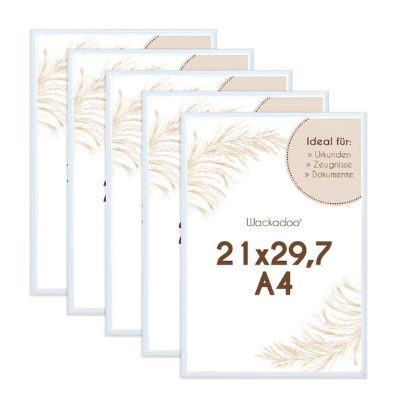 Wackadoo Bilderrahmen A4 21x29.7 (DIN A4) Weiß 5er Set Fotowand Fotorahmen aus leichtem Kunststoff mit Glas Picture frame Poster