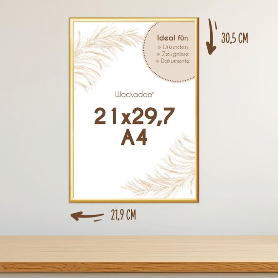 Wackadoo Bilderrahmen A4 21x29.7 (DIN A4) Gold 5er Set Fotowand Fotorahmen aus leichtem Kunststoff mit Glas Picture frame Poster