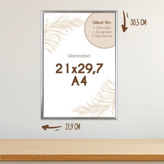 Wackadoo Bilderrahmen A4 21x29,7 (DIN A4) Silber Dokumentenrahmen Fotowand Fotorahmen aus leichtem Kunststoff mit Glas Picture frame Poster