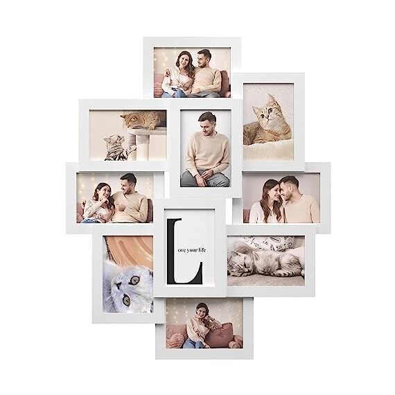 SONGMICS, Fotorahmen mit 10 Steckplätzen, 10 x 15 cm für jedes Foto, Collage-Rahmen, MDF, weiß, RPF20WT