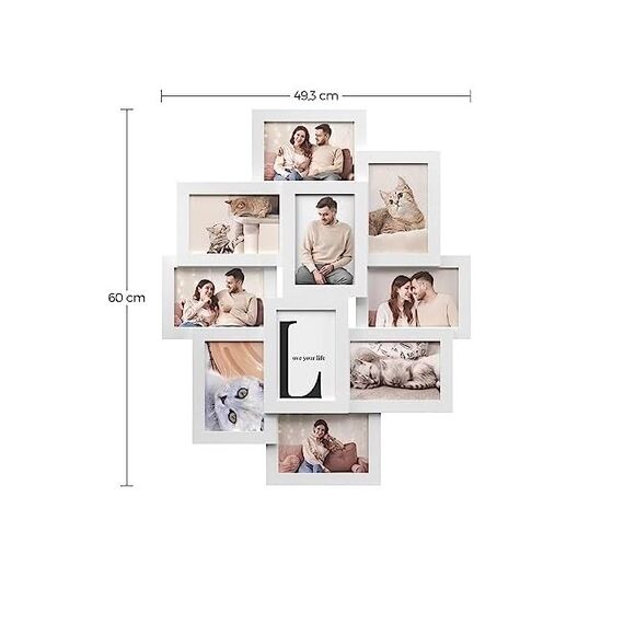 SONGMICS, Fotorahmen mit 10 Steckplätzen, 10 x 15 cm für jedes Foto, Collage-Rahmen, MDF, weiß, RPF20WT