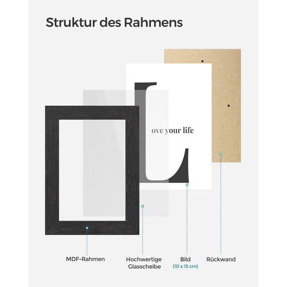 SONGMICS Bilderrahmen-Collage, 4 Fotorahmen für 10 x 15 cm Bilder, Fotocollage, Wandcollage, Multi-Rahmen, Wanddeko, tintenschwarz RPF25BK