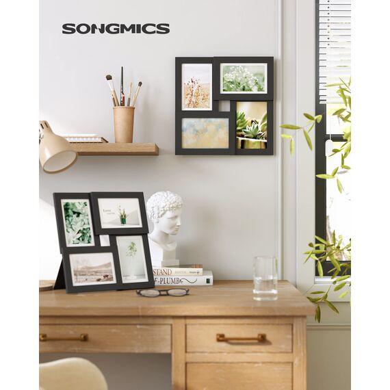 SONGMICS Bilderrahmen-Collage, 4 Fotorahmen für 10 x 15 cm Bilder, Fotocollage, Wandcollage, Multi-Rahmen, Wanddeko, tintenschwarz RPF25BK