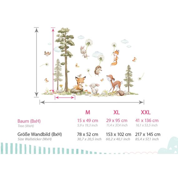 DEKO KINDERZIMMER Wandtattoo Waldtiere Baum Wandsticker Fuchs Hase REH Wandaufkleber Babyzimmer Pusteblume Kinderzimmer Wanddeko DK1137-04