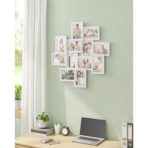 SONGMICS Bilderrahmen für 10 x 15 cm Bilder, Bilderrahmen für 12 Fotos, transparenter Glasschutz, zum Zusammenbauen, Weiß RPF22WT