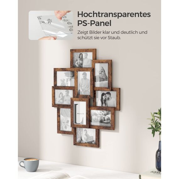 SONGMICS Bilderrahmen-Collage, 10 Fotorahmen für 10 x 15 cm Bilder, Fotocollage, Wandcollage, Multi-Rahmen, Wanddeko, vintagebraun RPF020X01