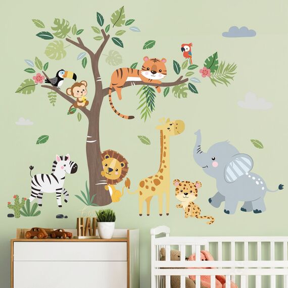 decalmile Wandtattoo Dschungel Waldtiere Baum Wandaufkleber Safari Elefant Giraffe Löwe Wandsticker Babyzimmer Kinderzimmer Schlafzimmer Wanddeko