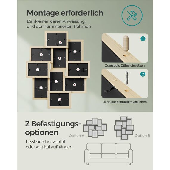 SONGMICS Bilderrahmen-Collage, 10 Fotorahmen für 10 x 15 cm Bilder, Fotocollage, Wandcollage, Multi-Rahmen, Wanddeko, naturbeige RPF020N01