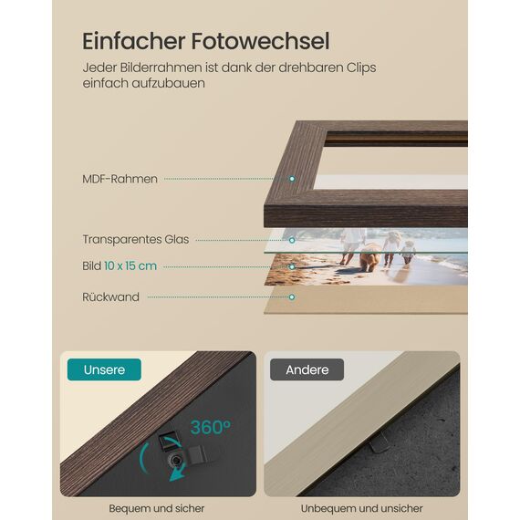 SONGMICS Bilderrahmen-Collage, 12 Fotorahmen für 10 x 15 cm Bilder, Fotocollage, Wandcollage, Multi-Rahmen, Wanddeko, rotbraun, greige meliert, aschschwarz RPF022M01