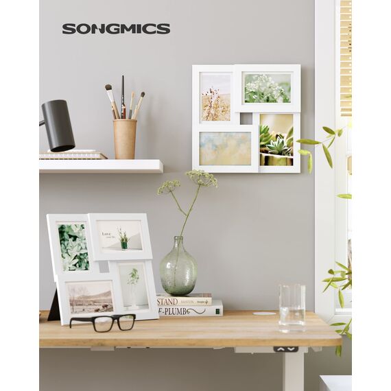 SONGMICS Bilderrahmen, Mehrfachbilderrahmen für 4 Fotos, Fotogröße 10 x 15 cm, Fotogalerie, Glasscheibe, Weiß RPF25WT