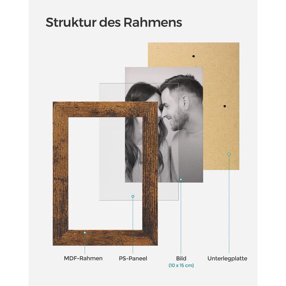 SONGMICS Bilderrahmen-Collage, 10 Fotorahmen für 10 x 15 cm Bilder, Fotocollage, Wandcollage, Multi-Rahmen, Wanddeko, vintagebraun RPF020X01