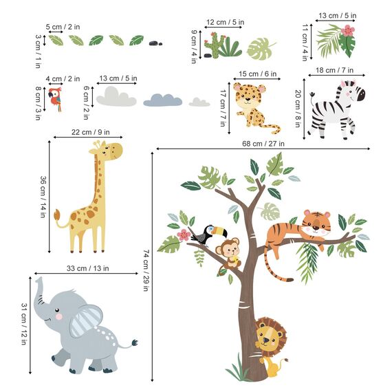 decalmile Wandtattoo Dschungel Waldtiere Baum Wandaufkleber Safari Elefant Giraffe Löwe Wandsticker Babyzimmer Kinderzimmer Schlafzimmer Wanddeko
