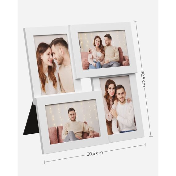 SONGMICS Bilderrahmen, Mehrfachbilderrahmen für 4 Fotos, Fotogröße 10 x 15 cm, Fotogalerie, Glasscheibe, Weiß RPF25WT