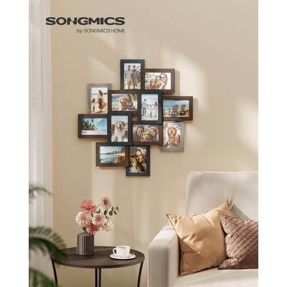 SONGMICS Bilderrahmen-Collage, 12 Fotorahmen für 10 x 15 cm Bilder, Fotocollage, Wandcollage, Multi-Rahmen, Wanddeko, rotbraun, greige meliert, aschschwarz RPF022M01