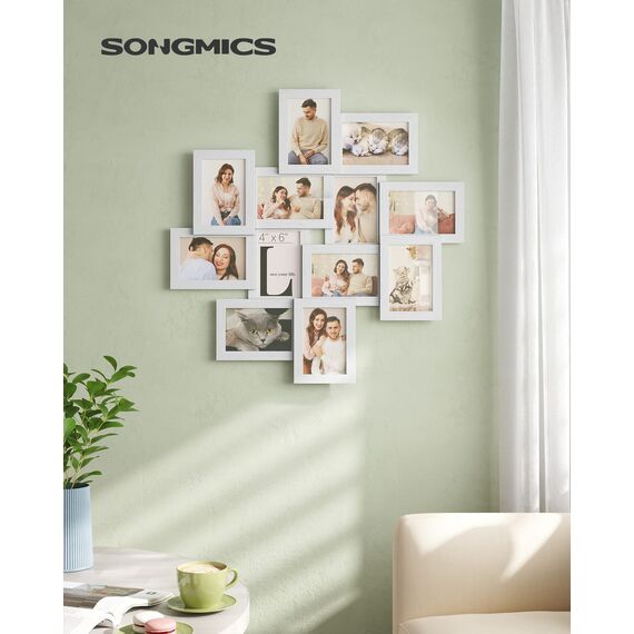 SONGMICS Bilderrahmen für 10 x 15 cm Bilder, Bilderrahmen für 12 Fotos, transparenter Glasschutz, zum Zusammenbauen, Weiß RPF22WT