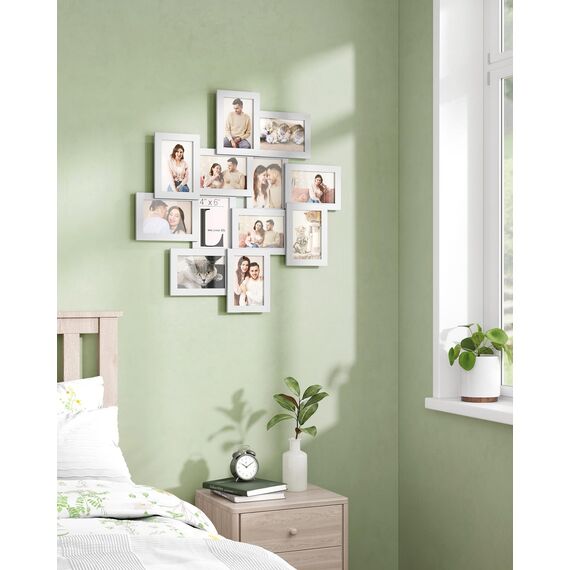 SONGMICS Bilderrahmen für 10 x 15 cm Bilder, Bilderrahmen für 12 Fotos, transparenter Glasschutz, zum Zusammenbauen, Weiß RPF22WT