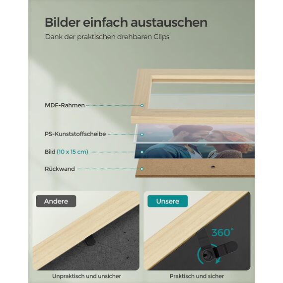 SONGMICS Bilderrahmen-Collage, 10 Fotorahmen für 10 x 15 cm Bilder, Fotocollage, Wandcollage, Multi-Rahmen, Wanddeko, naturbeige RPF020N01