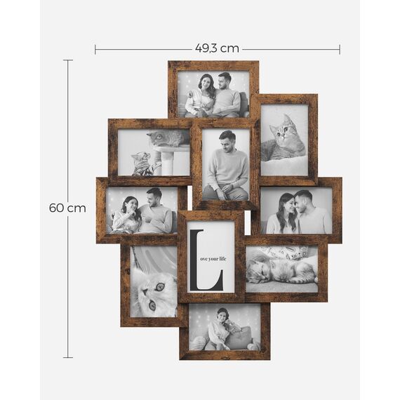 SONGMICS Bilderrahmen-Collage, 10 Fotorahmen für 10 x 15 cm Bilder, Fotocollage, Wandcollage, Multi-Rahmen, Wanddeko, vintagebraun RPF020X01