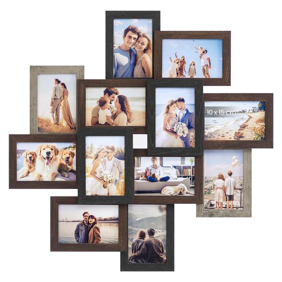 SONGMICS Bilderrahmen-Collage, 12 Fotorahmen für 10 x 15 cm Bilder, Fotocollage, Wandcollage, Multi-Rahmen, Wanddeko, rotbraun, greige meliert, aschschwarz RPF022M01