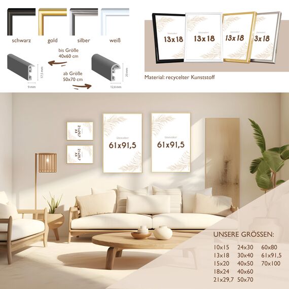 Wackadoo Bilderrahmen 30x40 Gold Fotowand Fotorahmen aus leichtem Kunststoff mit Glas Picture frame Poster