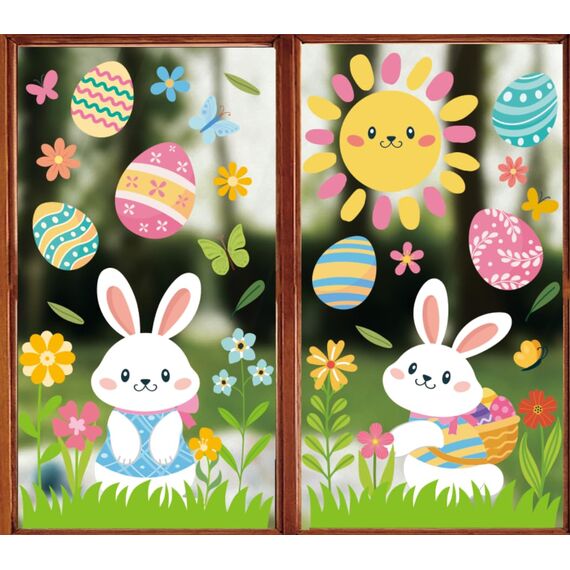 TOARTI Oster Fensteraufkleber Selbstklebend Oster Fenstersticker Osterhasen Fensterdekoration mit Eiern Sonne Blumen Abnehmbare Aufkleber für Fenster Spiegel Glas Tür Wohnzimmer Küche Party