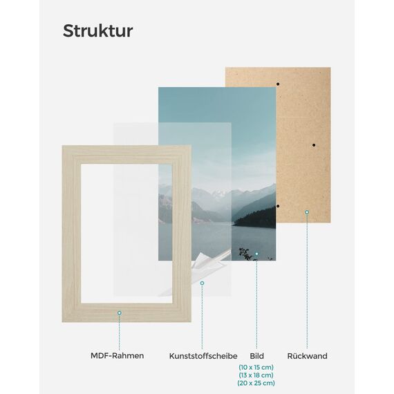 SONGMICS Bilderrahmen 10er Set, für 2 Fotos in 20 x 25 cm, 4 Fotos in 13 x 18 cm, 4 Fotos in 10 x 15 cm, Kunststoffscheibe, MDF, naturbeige RPF310N02