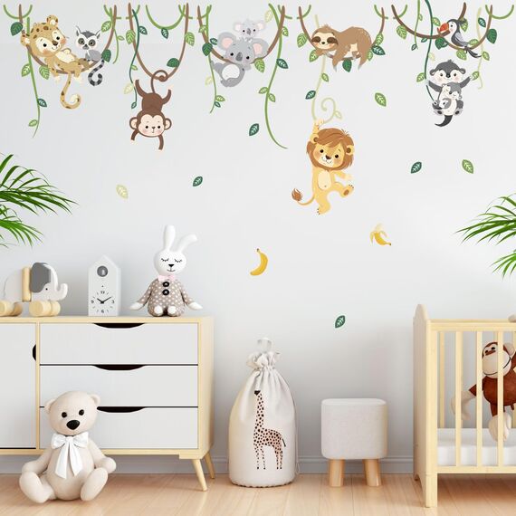 decalmile Wandtattoo Dschungel Tiere Reben Wandsticker Tiere Löwe Affe Koala Wandsticker Kinderzimmer Babyzimmer Schlafzimmer Wanddeko