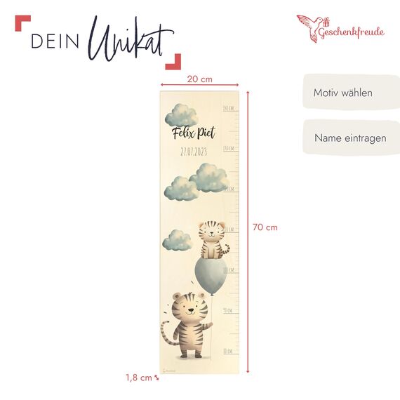 Geschenkfreude Messlatte Kinder personalisert 80-140cm - mit Tiger als Dekoration fürs Kinderzimmer - personalisierte Messlatte Kinder Holz - individuelles Geschenk zur Geburt Junge und Mädchen