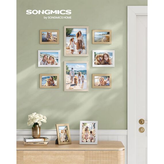SONGMICS Bilderrahmen 10er Set, für 2 Fotos in 20 x 25 cm, 4 Fotos in 13 x 18 cm, 4 Fotos in 10 x 15 cm, Kunststoffscheibe, MDF, natureichenfarben, wolkenweiß, naturbeige RPF310K02