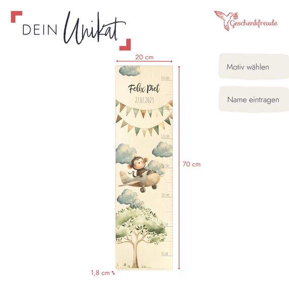 Geschenkfreude Messlatte Kinder personalisert 80-140cm - mit Flugzeug als Dekoration fürs Kinderzimmer - personalisierte Messlatte Kinder Holz - Geschenk Geburt Kleinkinder