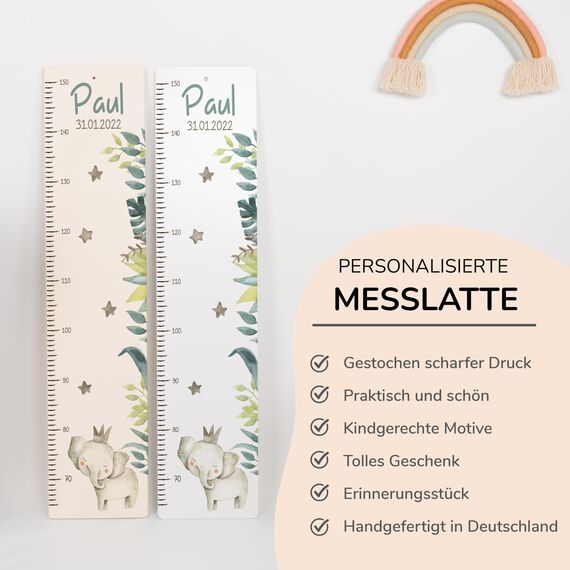 Kidsmood - Personalisierte Messlatte Kinder Holz – Hochwertige Messleiste & Wand-Deko für Baby- & Kinderzimmer mit abenteuerlichem Elefant – Tolles Taufgeschenk für Mädchen & Jungen (65-140cm)